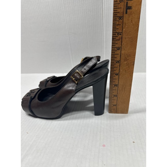 Tory Burch High Heel Dress Sandal Peep Toe Slingback Brown Pump Heel Size 8 - Picture 4 of 7